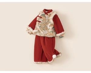 Detail of red corduroy kids lunar new year outfit with traditional knots and fur trim