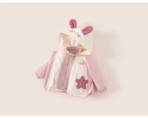 Detail of pink and beige toddler winter hoodie with cute bunny ears and fleece lining