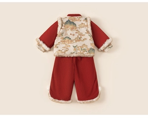 Detail of red traditional Chinese kids' New Year set with plush collar and rabbit pattern