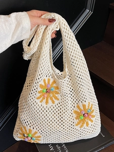 Minimalist Hollow Knit Tote Bag With Floral Pattern For Women Large Capacity Shoulder Bag For Beach Vacation Handbags