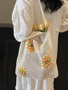 Boho hollow crochet tote bag with yellow floral patterns and colorful beads