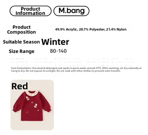 Detail view of red knit dress with lace collar, cartoon patch, and material composition info