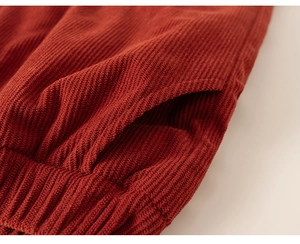 Detailed macro view of brick red corduroy fabric with elastic waistband and side pocket