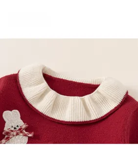 Detail of red knit dress with white ruffle collar and rabbit embroidery for girls