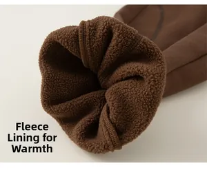 Detail of warm brown fleece lining inside children's winter trousers for thermal comfort