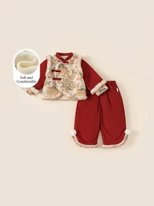 Kids Traditional Chinese Style Red Tang Suit Set Fleece Lined Warm Winter Top And Pants For Girls New Year Celebration Clothing