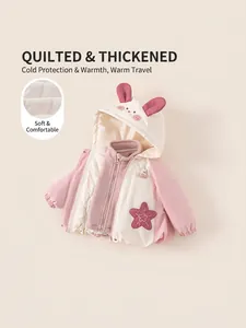 Quilted toddler girl winter coat with cute long rabbit ears and warm pink star design