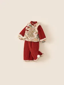 Traditional red Chinese New Year clothing set for girls with corduroy and fur trim