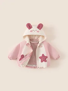 Winter girls hooded fleece jacket with cute rabbit ears and star patch detail in pink white