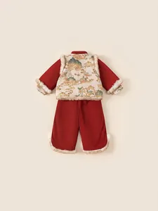 Traditional red Chinese New Year two-piece outfit with white floral rabbit vest for kids