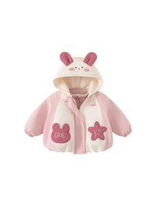 Pink and beige hooded winter jacket for girls with rabbit ears and cute cartoon embroidery