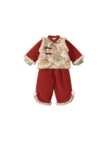 Kids Chinese New Year red three-piece set with floral vest and faux fur trim