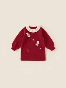 Girls Sweet Knitted Dress With Ruffle Collar Cartoon Rabbit Embroidery Long Sleeve Winter Red Sweater Skirt For Kids
