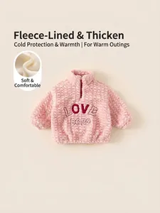 Kids Girls Pink Fleece Sweatshirt Half Zipper Warm Pullover Thick Sherpa Fleece Top With Love Bobo Embroidery Winter Clothes