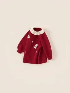Girls' festive red knit dress with white ruffle collar and rabbit embroidery detail