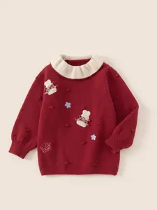 Sweet red girls knit sweater dress with white lace collar and rabbit embroidery