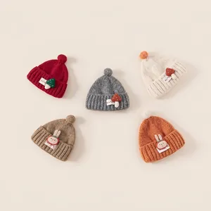 Kids Winter Warm Knit Beanie Hat Soft Acrylic Crochet Ear Protection Cap With Pompom Cartoon Mushroom Rabbit Patch Accessory