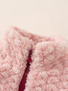 Pink sherpa fleece winter sweatshirt for girls with stand collar and zipper detail