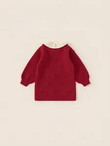Girls sweet red knit sweater dress with lace collar and 3D bobble details