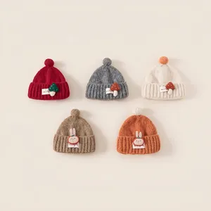 Cozy knit baby beanies set with pom-poms and cute mushroom patches in five colors
