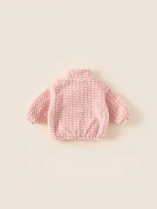 Thick pink fleece kids jacket with textured plaid pattern and cozy standing collar