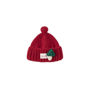 Red knit beanie for toddler girls with cute green mushroom decor and pompom