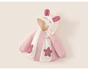 Detail of pink toddler hoodie with cute 3D bunny ears and star embroidery on fabric