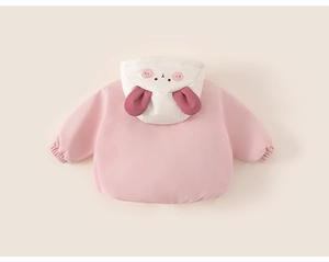 Detail of pink hooded toddler jacket featuring cute 3D bunny ears and white sleeve cuffs
