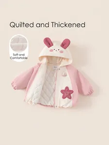 Pink toddler winter hooded jacket with cute rabbit ears and star embroidery applique