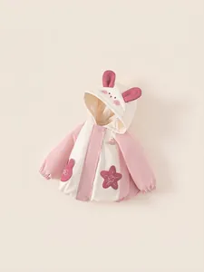 Pink and beige hooded baby jacket with cute 3D bunny ears and soft cartoon embroidery