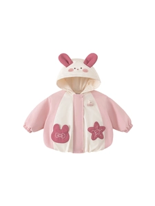 Cute pink baby girl winter hoodie with bunny ears and warm padded fleece lining