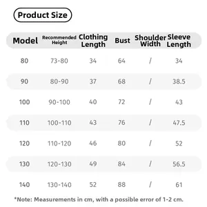 Detailed size chart for striped children sweatshirt showing length and chest measurements