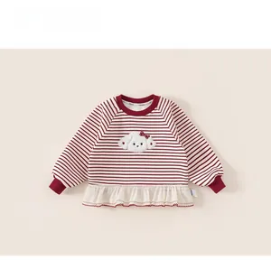 Detail of red and white striped girls' sweatshirt with lace hem and puppy patch