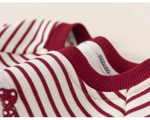Close-up detail of burgundy striped cotton knit sweater with ribbed neckline and brand label