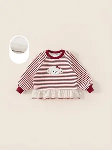 Girls Sweet Red White Striped Fleece Sweatshirt With Cute Puppy Patch Bowknot Ruffle Hem Long Sleeve Winter Kids Pullover