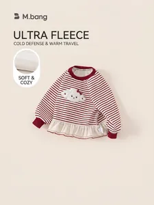 Children's red striped fleece sweatshirt with white lace hem and puppy patch applique