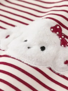 Striped red and white cotton sweatshirt for girls with cute plush 3D puppy applique
