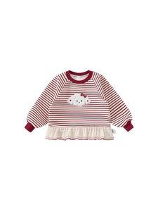 Girls red striped long sleeve sweatshirt with puppy embroidery and ruffle hem detail