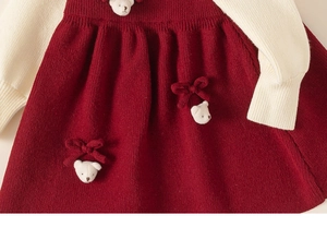 Detailed view of red knitted girls dress featuring 3D plush bear and bow accents