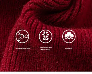 Close-up of deep red knitted fabric showing soft, formaldehyde-free thick winter texture