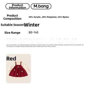 Detailed size chart for girl's red knitted dress with material composition and winter care