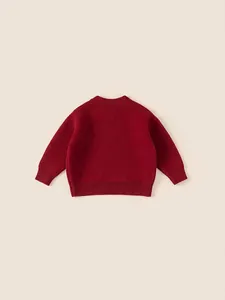 Classic deep red knitted sweater for children featuring ribbed round neck and warm long sleeves