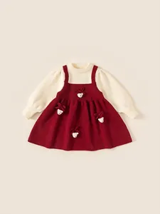 Girls Sweet Acrylic Knit Faux Two Piece Dress Red Off White Patchwork Cartoon Bear Bowknot Winter Warm Princess Dress