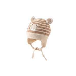 Striped knit baby earflap hat with cute 3D bear ears and animal embroidery