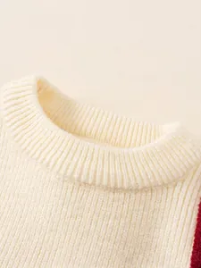 Kids cream knit dress with red contrast collar and soft ribbed texture for girls