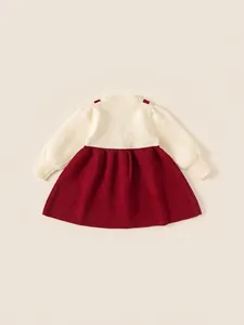 Girls contrast knit dress in cream and burgundy wine red with long sleeves for winter