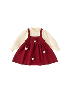 Girl's beige knit sweater and red pinafore dress set with cute plush bear charms