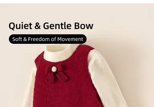 Detail of red knit vest with white pom-pom bow and high-neck ribbed sweater set