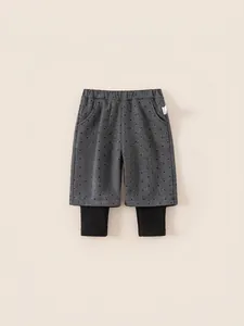 Winter kids' thermal fleece-lined faux two-piece grey polka dot pants and black leggings
