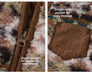 Détail du tissu polaire sherpa camouflé avec fermeture éclair et poche plaquée marron